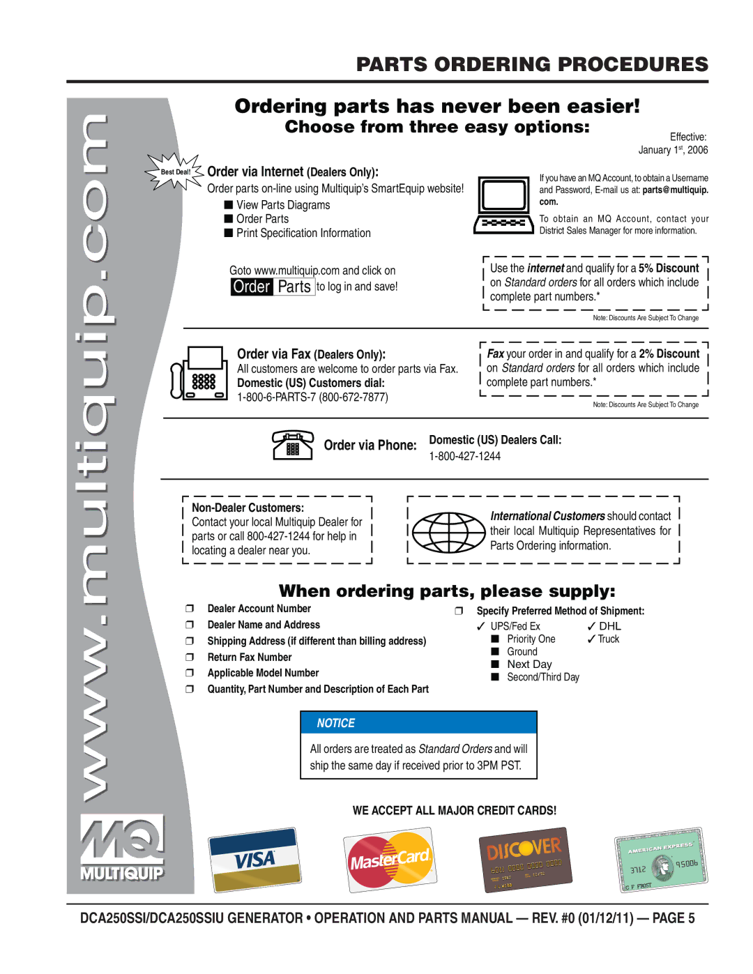 Multiquip DCA250SSIU manual Parts Ordering Procedures, Ordering parts has never been easier 