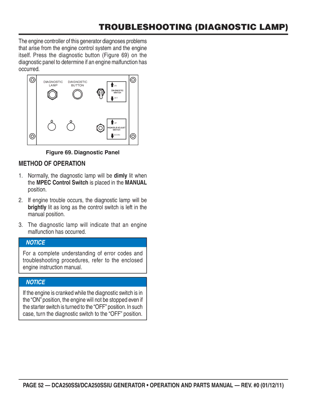 Multiquip DCA250SSIU manual Troubleshooting Diagnostic Lamp, Method of Operation 