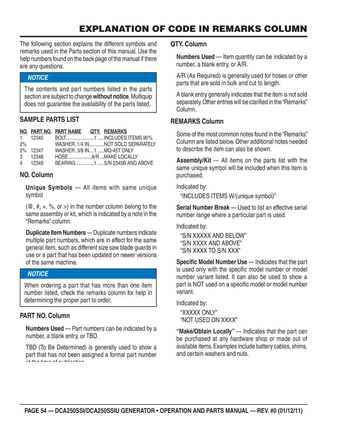 Multiquip DCA250SSIU manual Explanation of Code in Remarks Column, Sample Parts List 