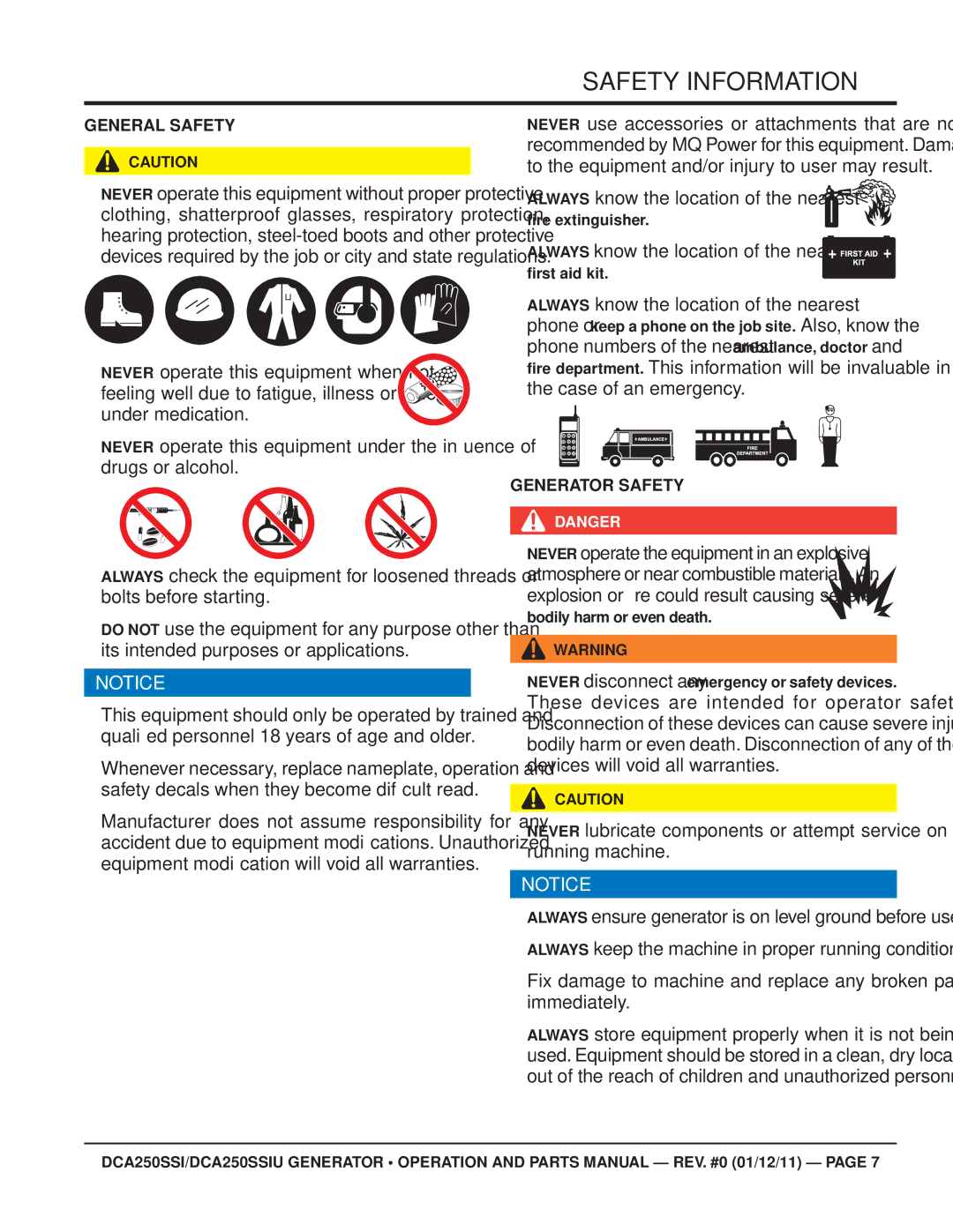 Multiquip DCA250SSIU manual General Safety, Generator Safety,  Always know the location of the nearest 