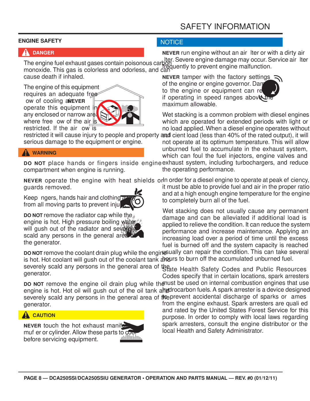 Multiquip DCA250SSIU manual Engine Safety, Before servicing equipment 