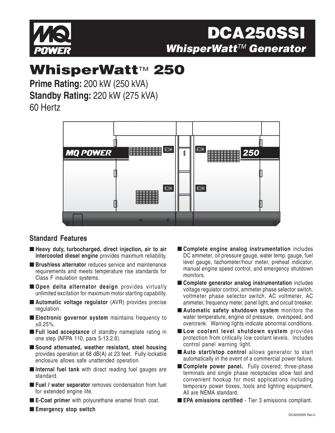 Multiquip DCA250SSI manual Standard Features 