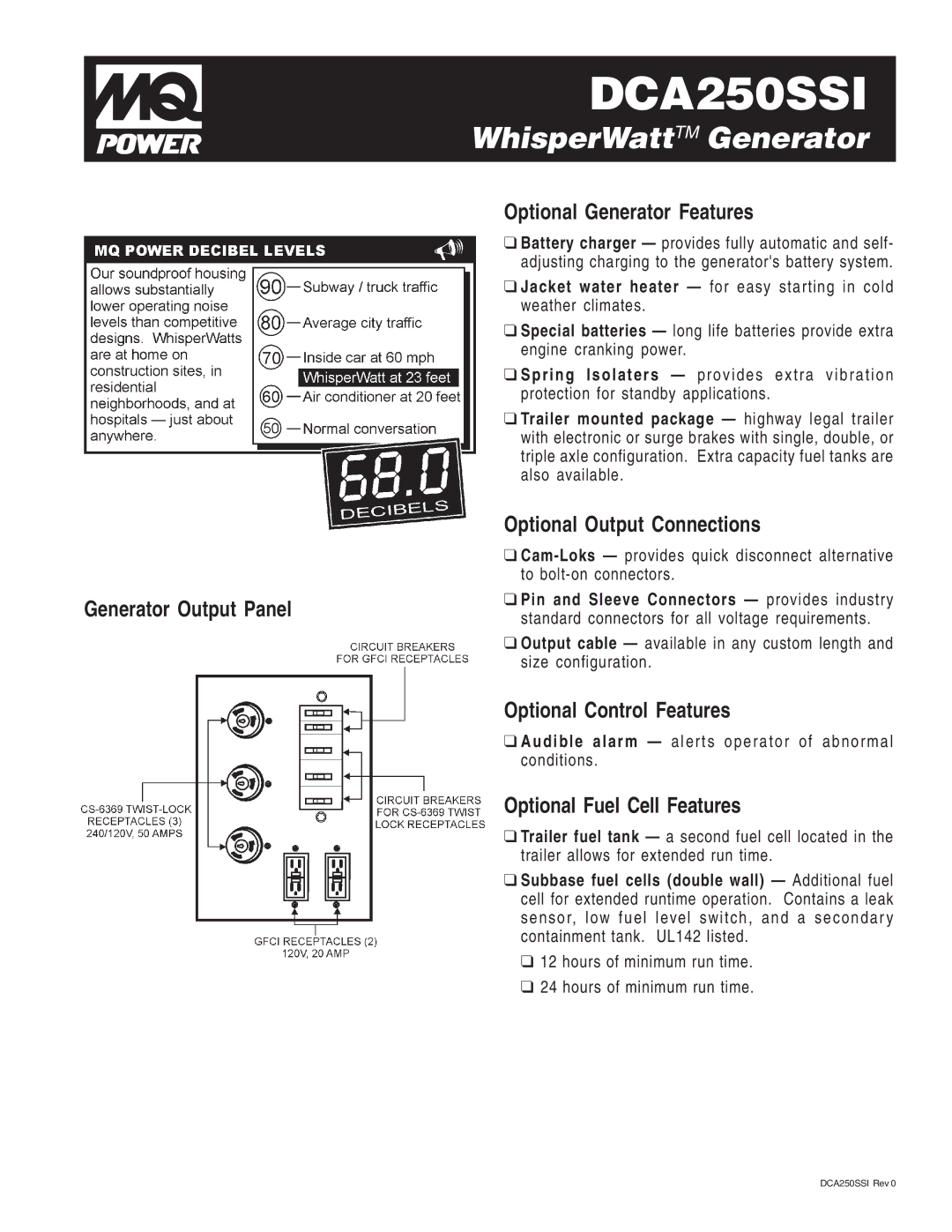 Multiquip DCA250SSI manual Optional Generator Features, Optional Output Connections Generator Output Panel 