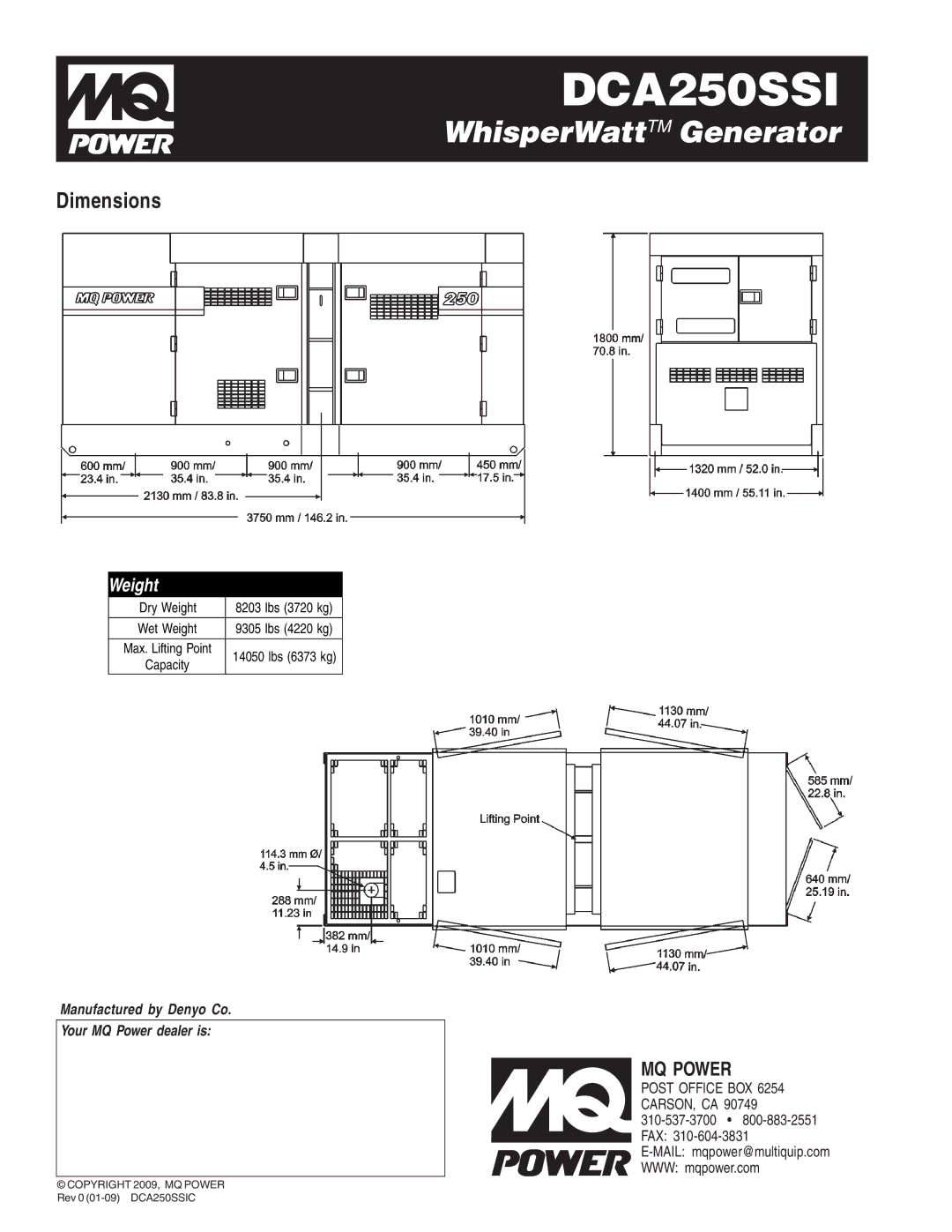 Multiquip DCA250SSI manual Dimensions, Weight 