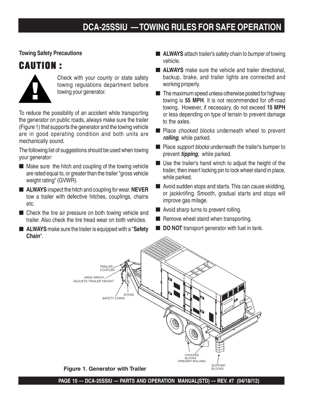 Multiquip DCA25SSIU manual DCA-25SSIU -TOWING Rules for Safe Operation, Towing Safety Precautions 