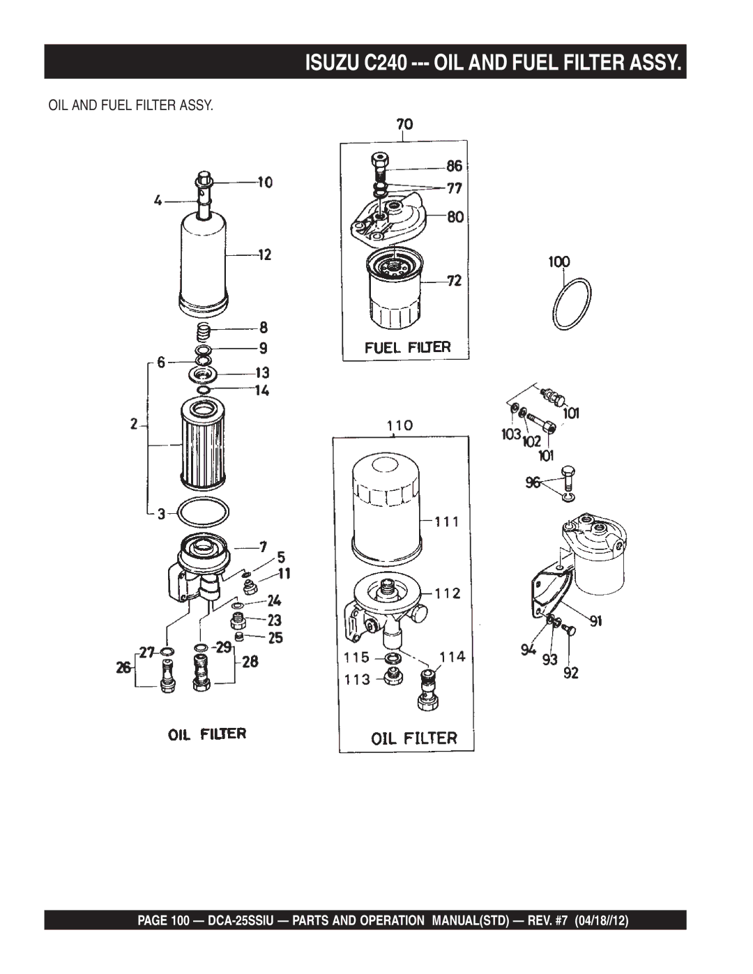 Multiquip DCA25SSIU manual Isuzu C240 --- OIL and Fuel Filter Assy 