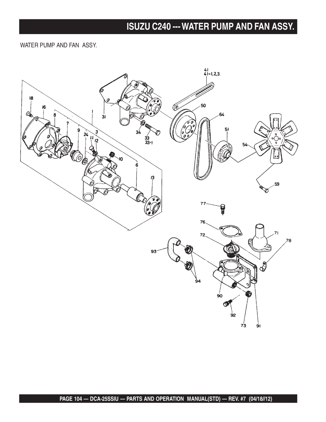 Multiquip DCA25SSIU manual Isuzu C240 --- Water Pump and FAN Assy 