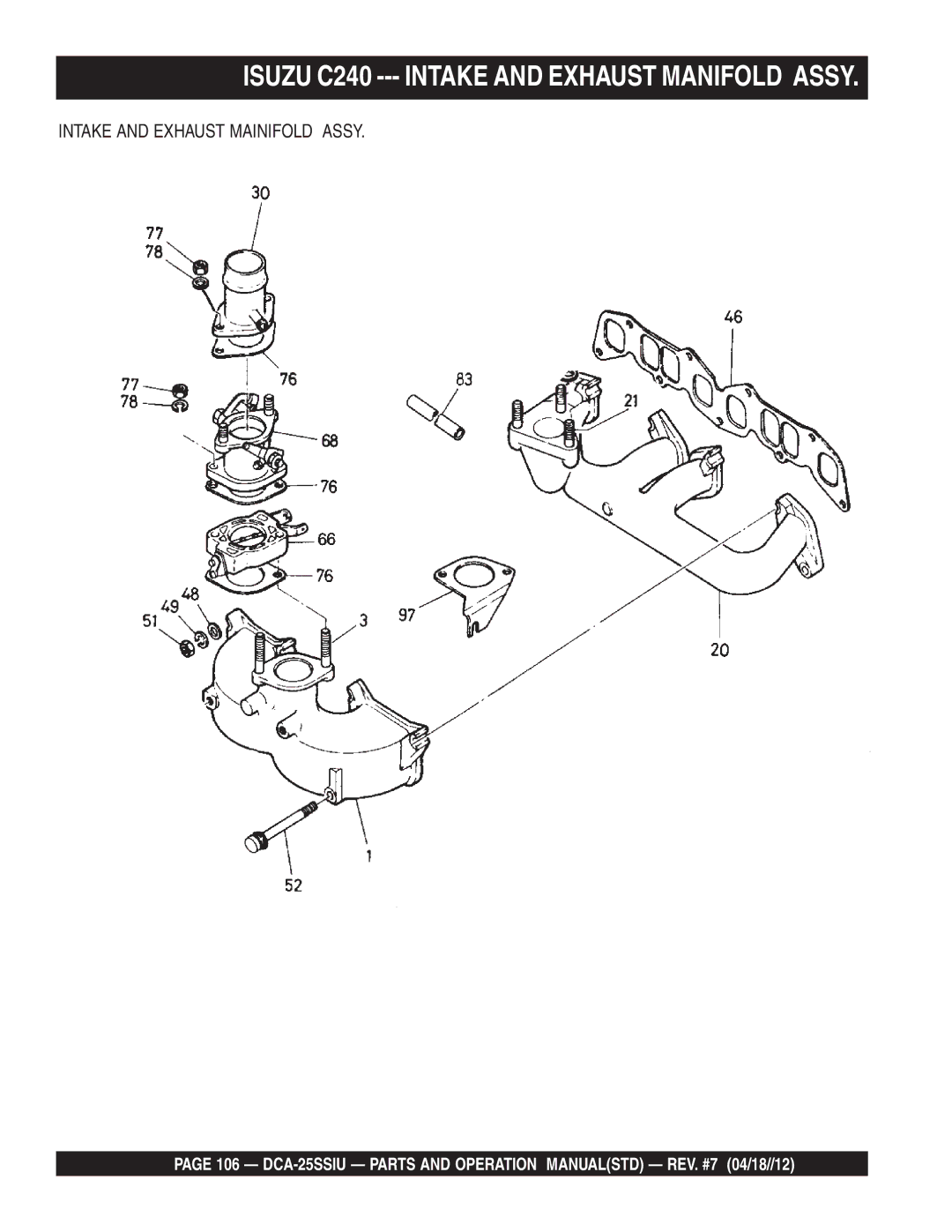 Multiquip DCA25SSIU manual Isuzu C240 --- Intake and Exhaust Manifold Assy, Intake and Exhaust Mainifold Assy 