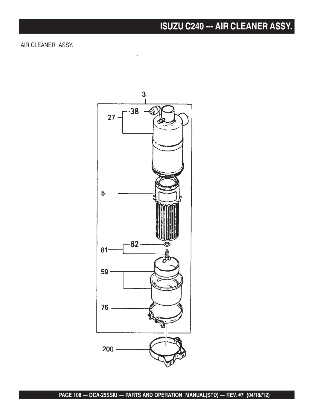 Multiquip DCA25SSIU manual Isuzu C240 --- AIR Cleaner Assy 