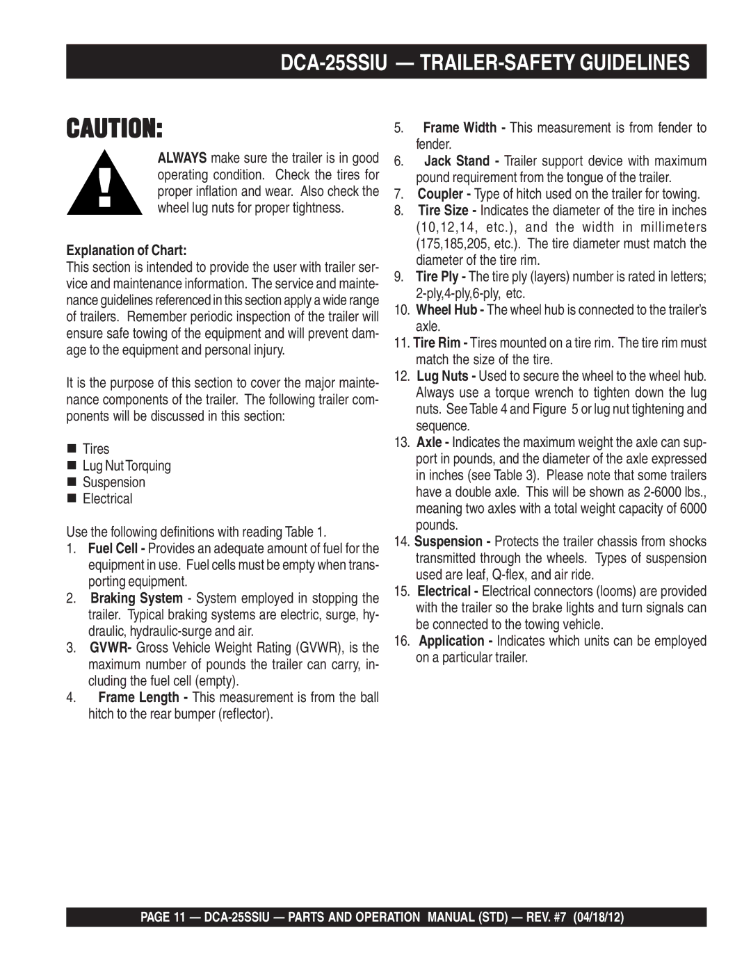 Multiquip DCA25SSIU manual DCA-25SSIU TRAILER-SAFETY Guidelines, Explanation of Chart 