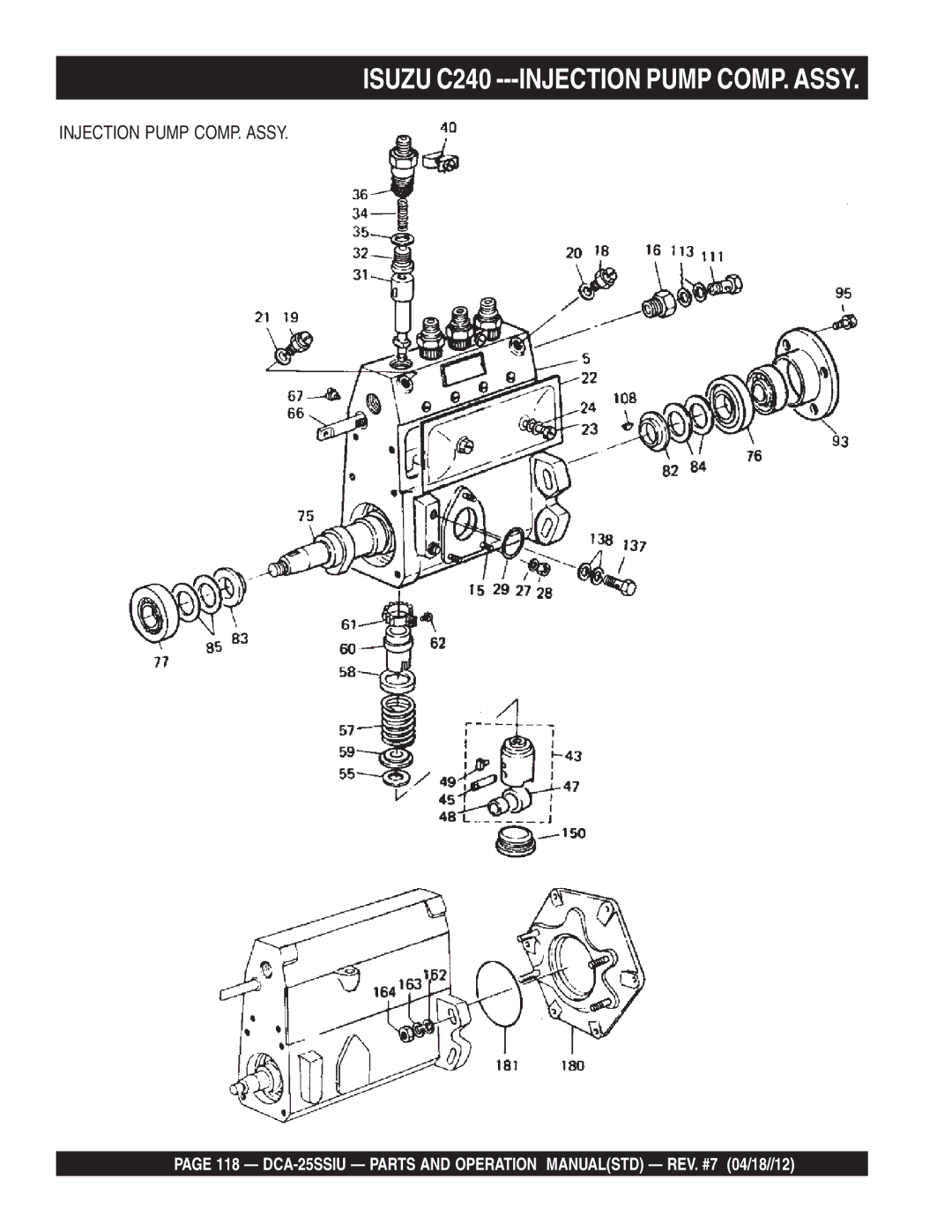 Multiquip DCA25SSIU manual Isuzu C240 ---INJECTION Pump COMP. Assy, Injection Pump COMP. Assy 