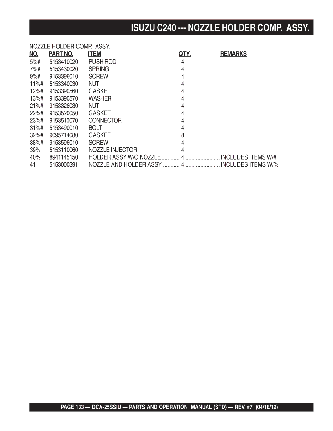 Multiquip DCA25SSIU Isuzu C240 Nozzle Holder COMP. Assy, Push ROD, Nozzle Injector, Includes Items W/#, Includes Items W/% 