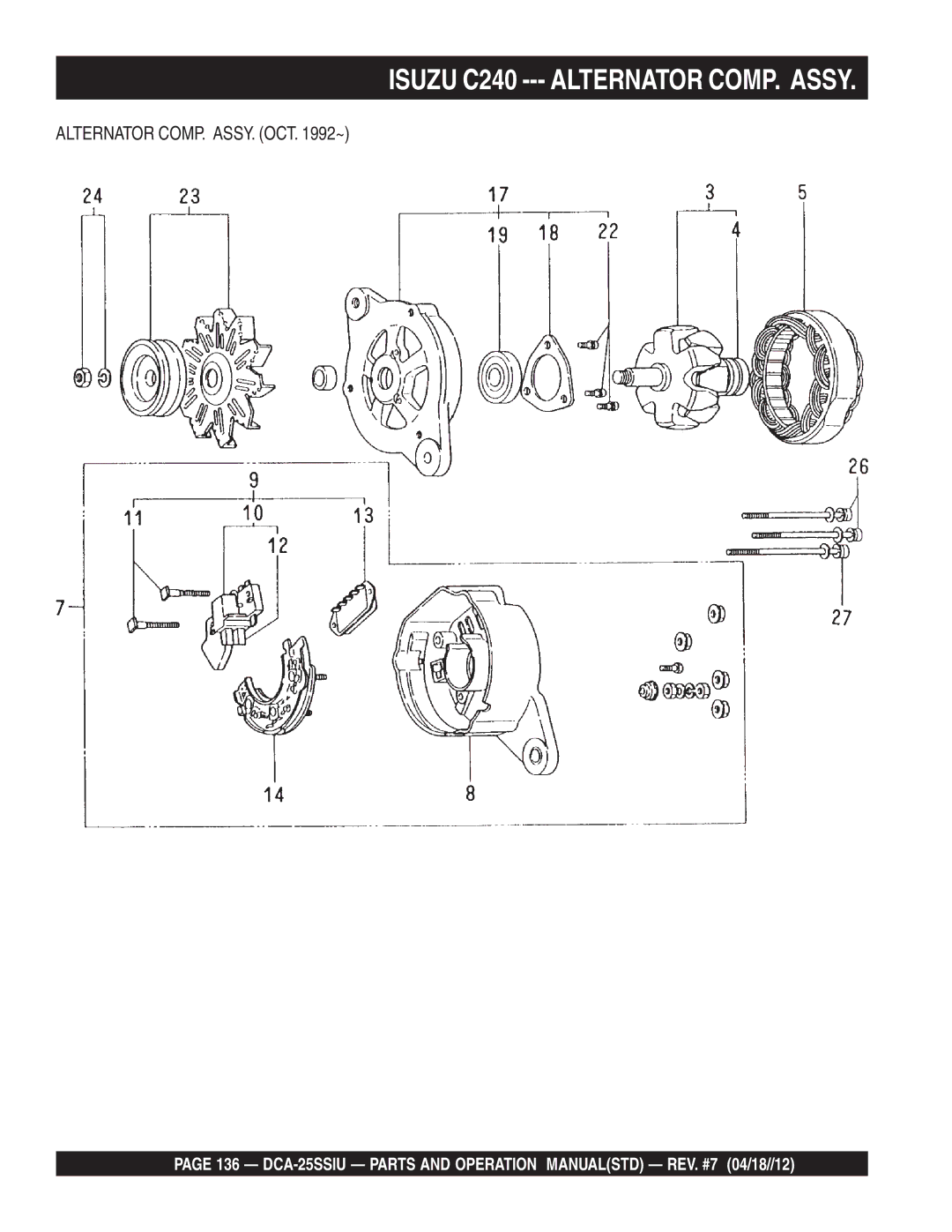 Multiquip DCA25SSIU manual Isuzu C240 --- Alternator COMP. Assy, Alternator COMP. ASSY. OCT ~ 