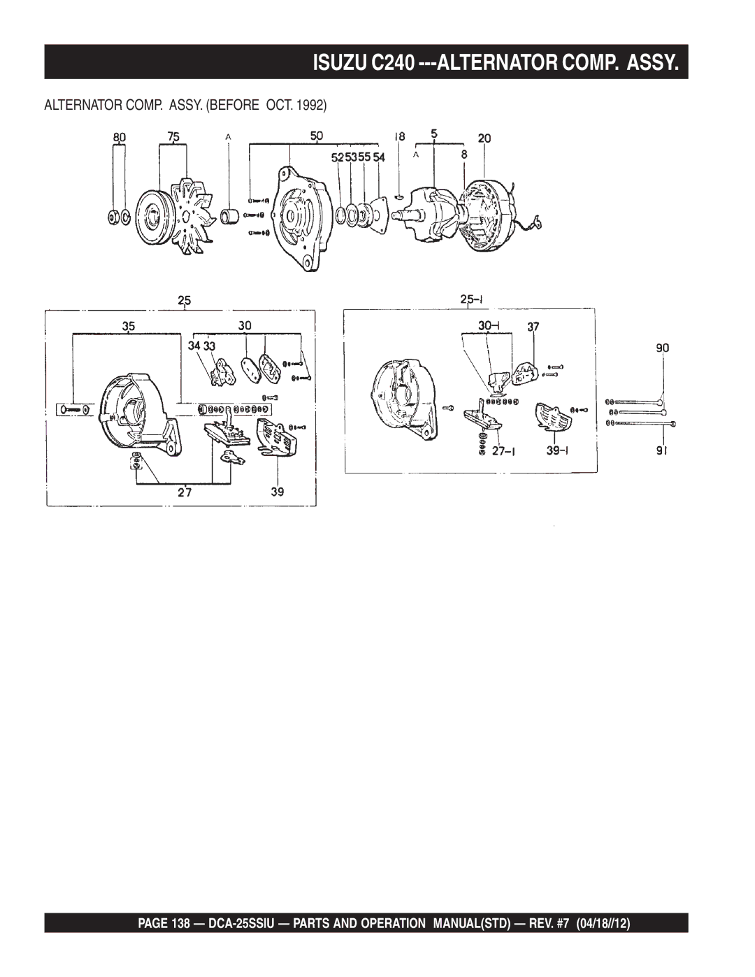 Multiquip DCA25SSIU manual Isuzu C240 ---ALTERNATOR COMP. Assy, Alternator COMP. ASSY. Before OCT 