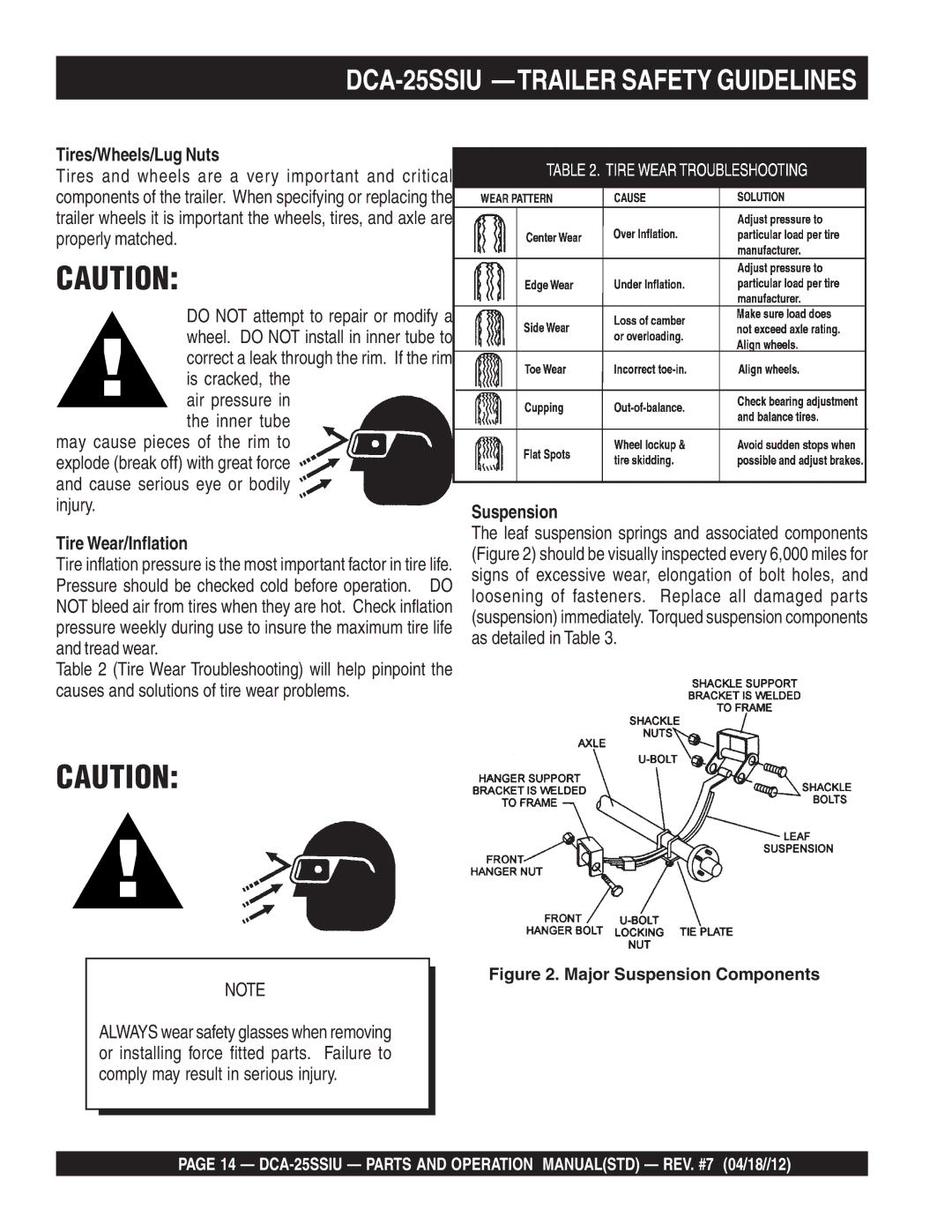 Multiquip DCA25SSIU manual DCA-25SSIU -TRAILER Safety Guidelines, Tires/Wheels/Lug Nuts, Tire Wear/Inflation, Suspension 