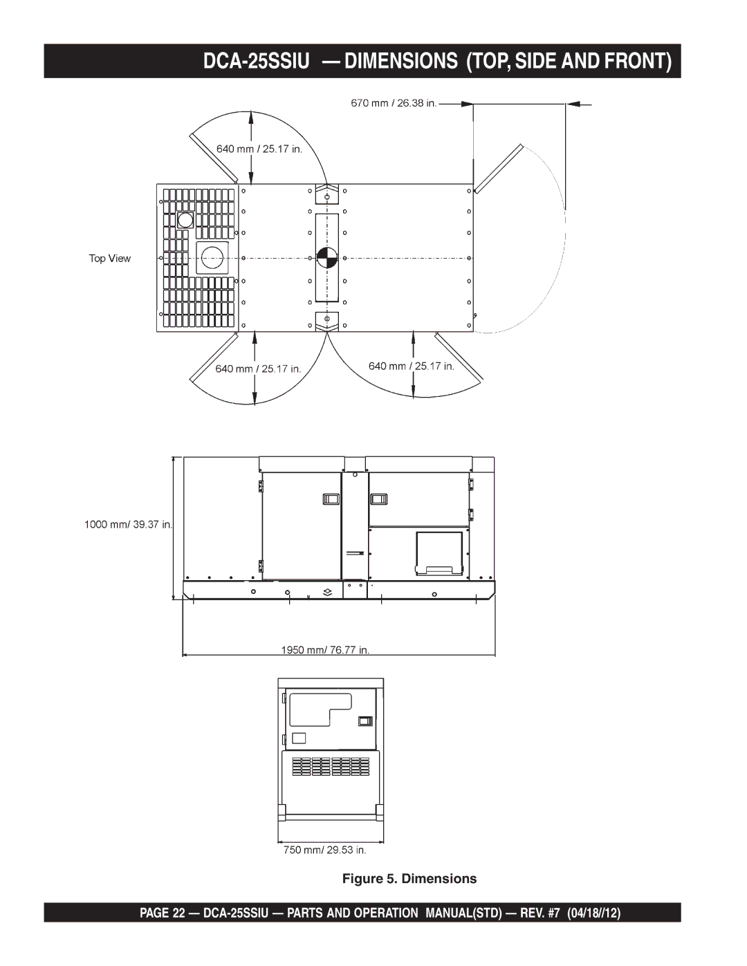 Multiquip DCA25SSIU manual DCA-25SSIU Dimensions TOP, Side and Front 