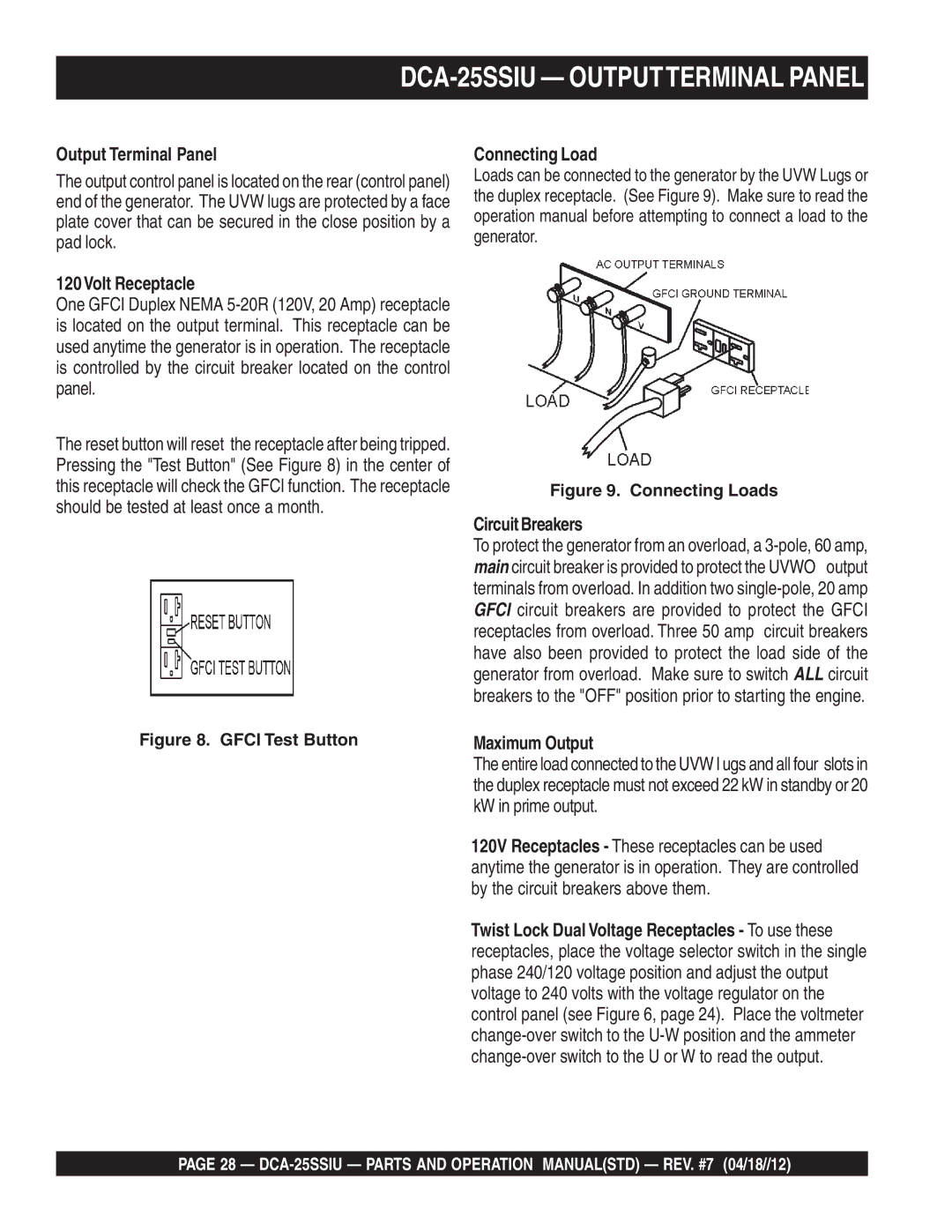 Multiquip DCA25SSIU DCA-25SSIU Outputterminal Panel, Volt Receptacle, Connecting Load, Circuit Breakers, Maximum Output 