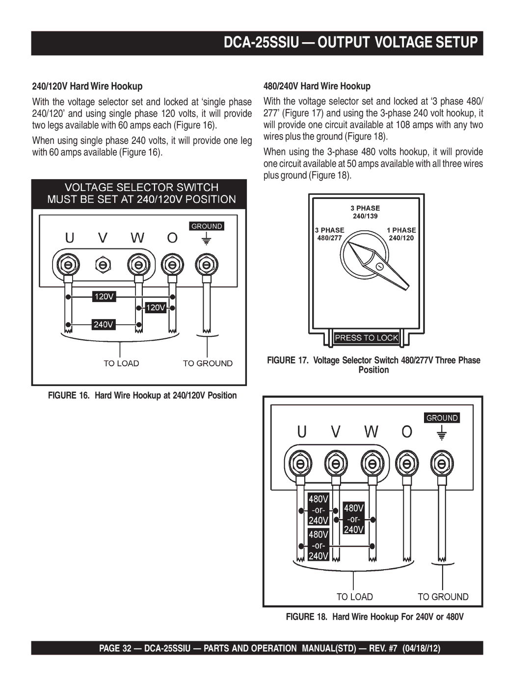 Multiquip DCA25SSIU manual DCA-25SSIU Output Voltage Setup, 240/120V Hard Wire Hookup 