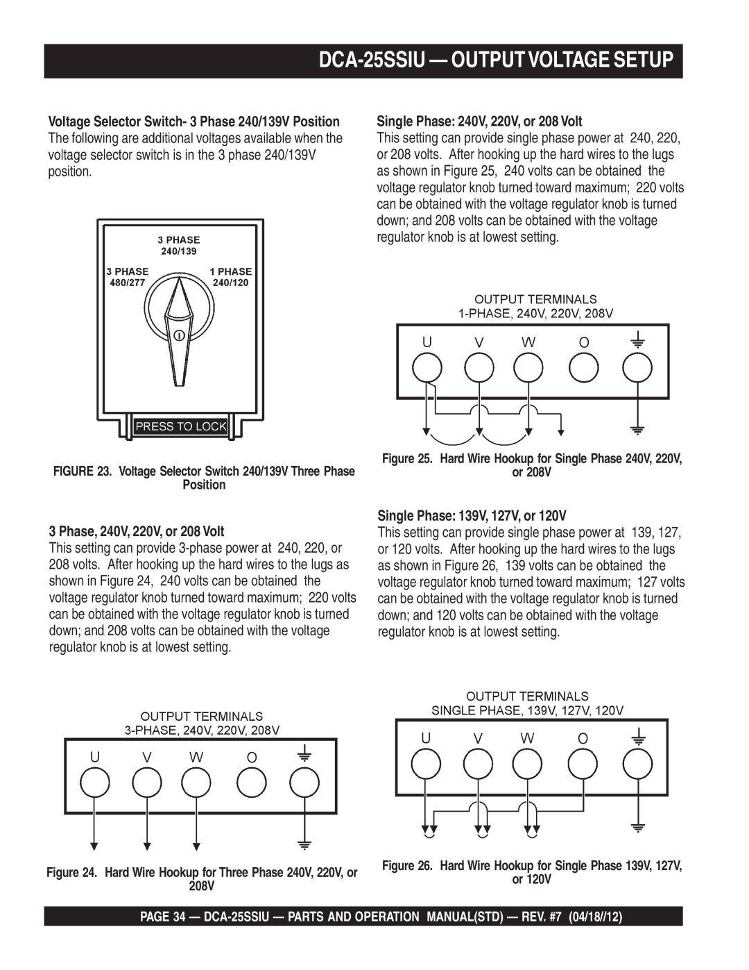 Multiquip DCA25SSIU DCA-25SSIU Outputvoltage Setup, Single Phase 240V, 220V, or 208 Volt, Phase, 240V, 220V, or 208 Volt 