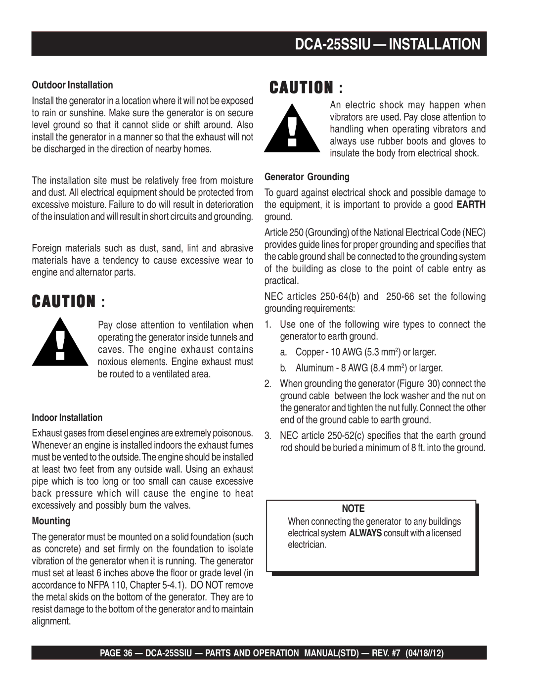 Multiquip DCA25SSIU manual DCA-25SSIU Installation, Outdoor Installation, Mounting 