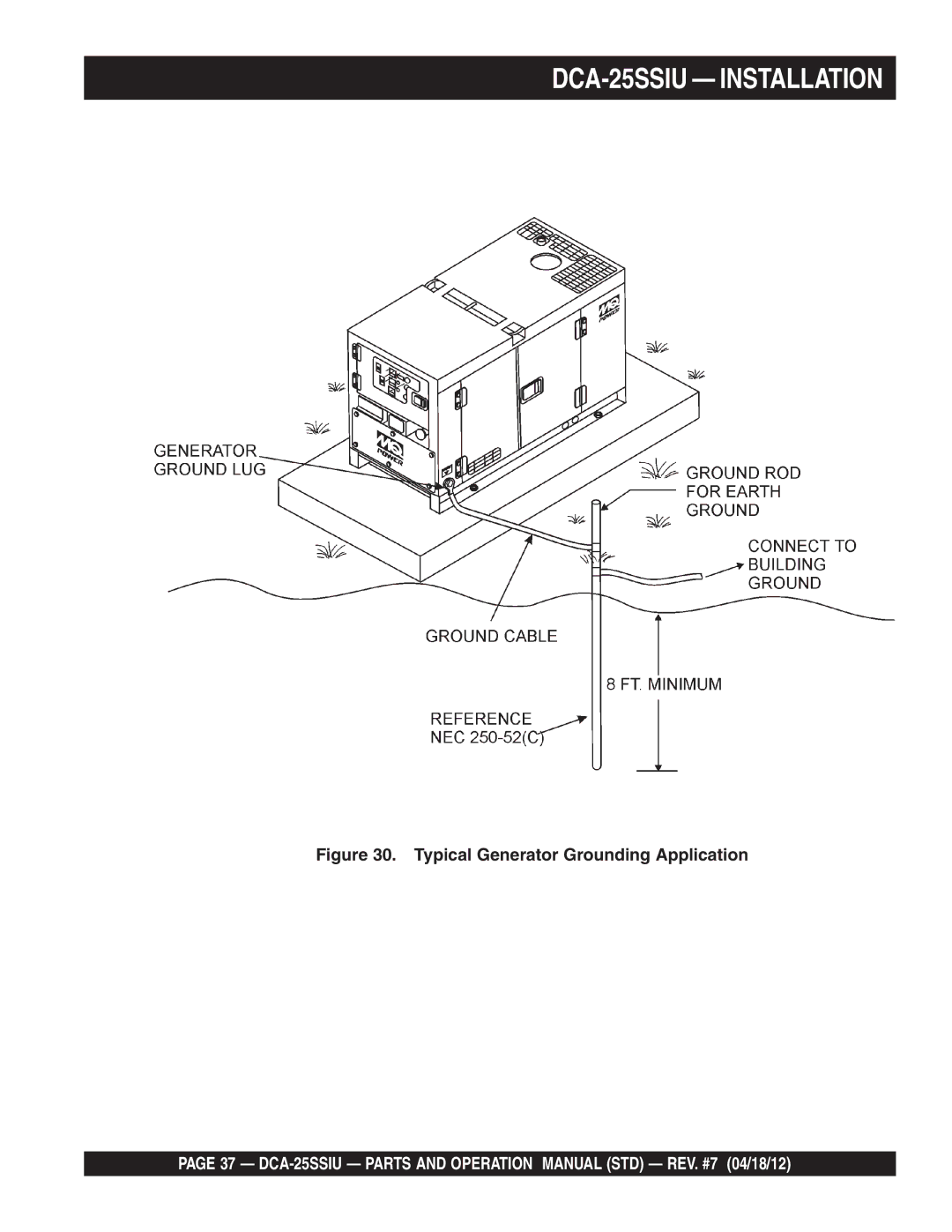 Multiquip DCA25SSIU manual DCA-25SSIU Installation, Typical Generator Grounding Application 