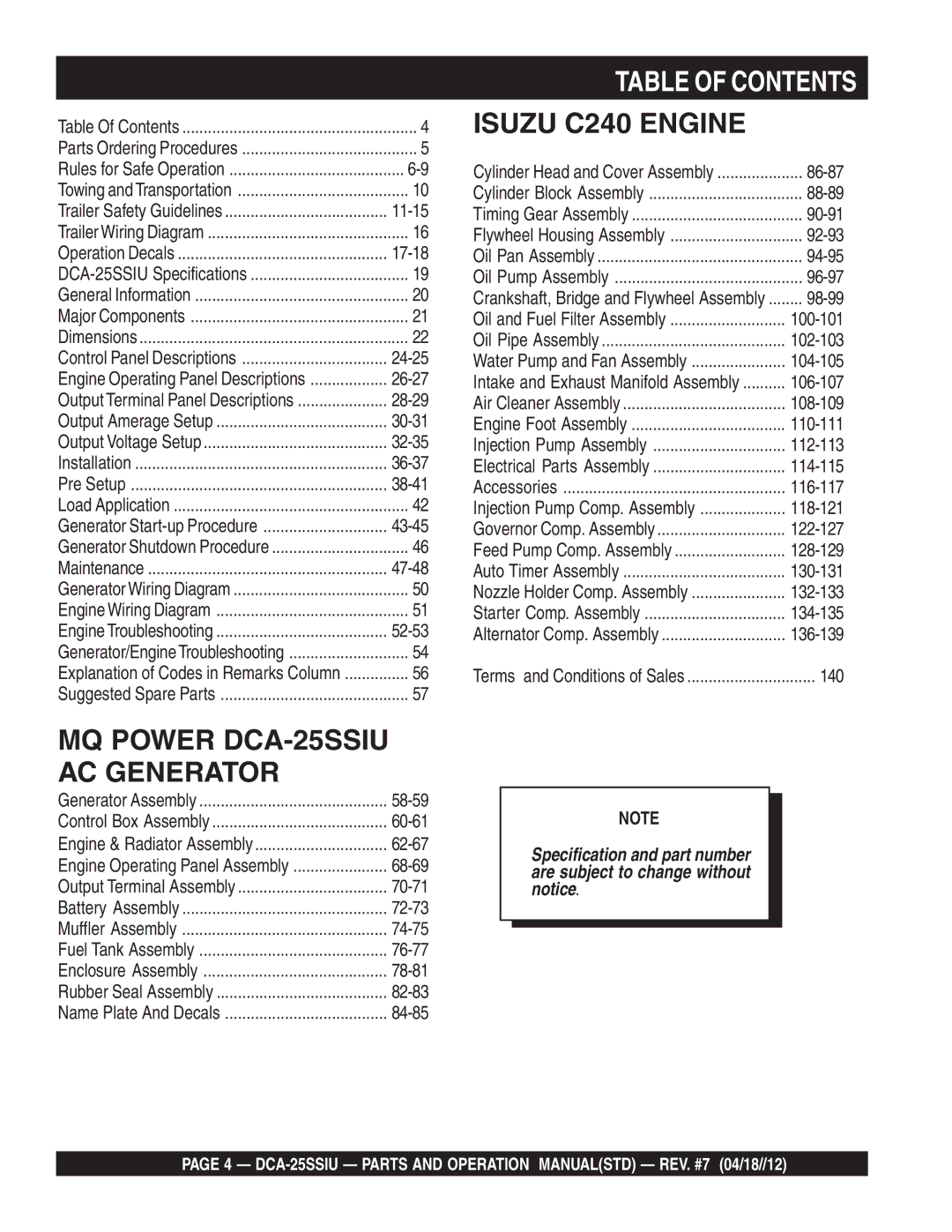 Multiquip DCA25SSIU manual Table of Contents 