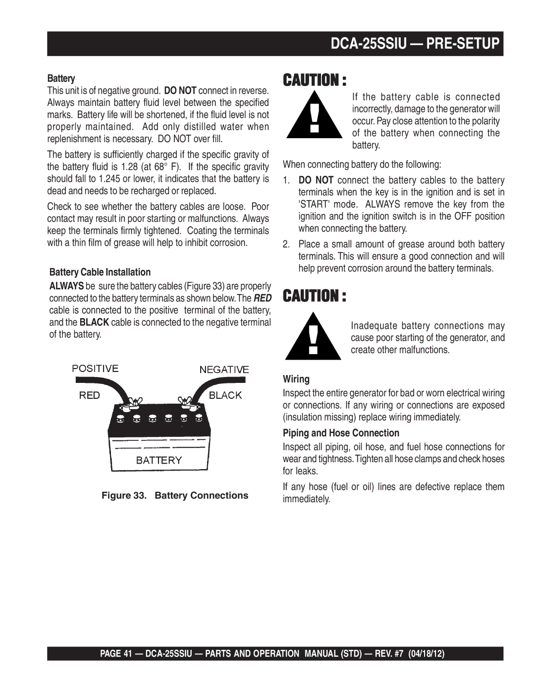 Multiquip DCA25SSIU manual DCA-25SSIU PRE-SETUP, Battery Cable Installation, Wiring, Piping and Hose Connection 