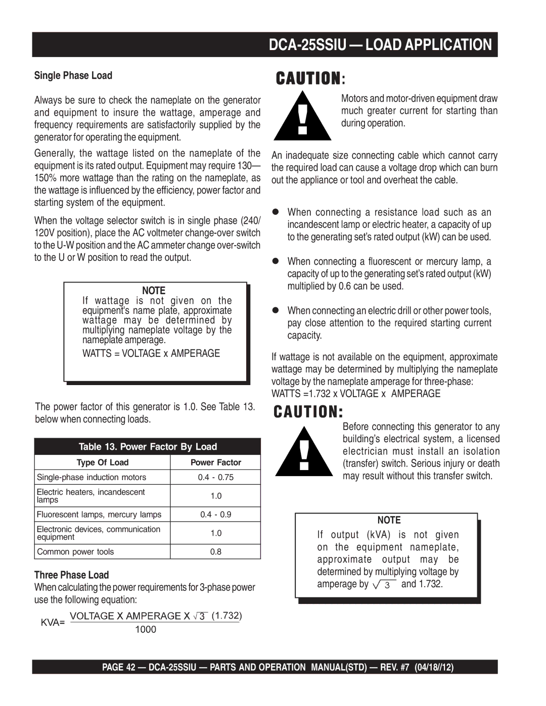 Multiquip DCA25SSIU manual DCA-25SSIU Load Application, Single Phase Load, Three Phase Load 