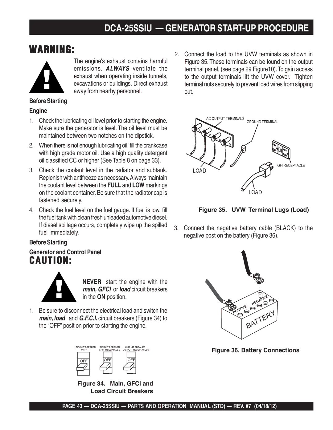 Multiquip DCA25SSIU manual Before Starting Engine, Before Starting Generator and Control Panel 