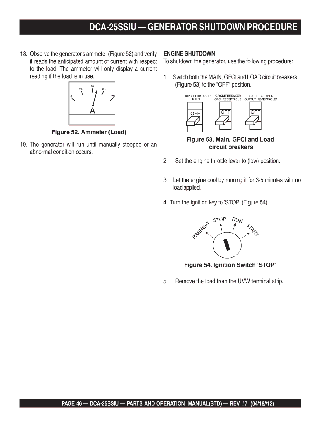 Multiquip DCA25SSIU manual DCA-25SSIU Generator Shutdown Procedure, Engine Shutdown 