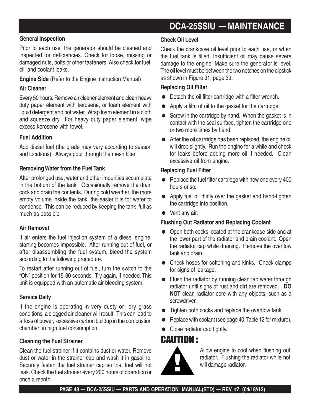 Multiquip DCA25SSIU manual DCA-25SSIU Maintenance 