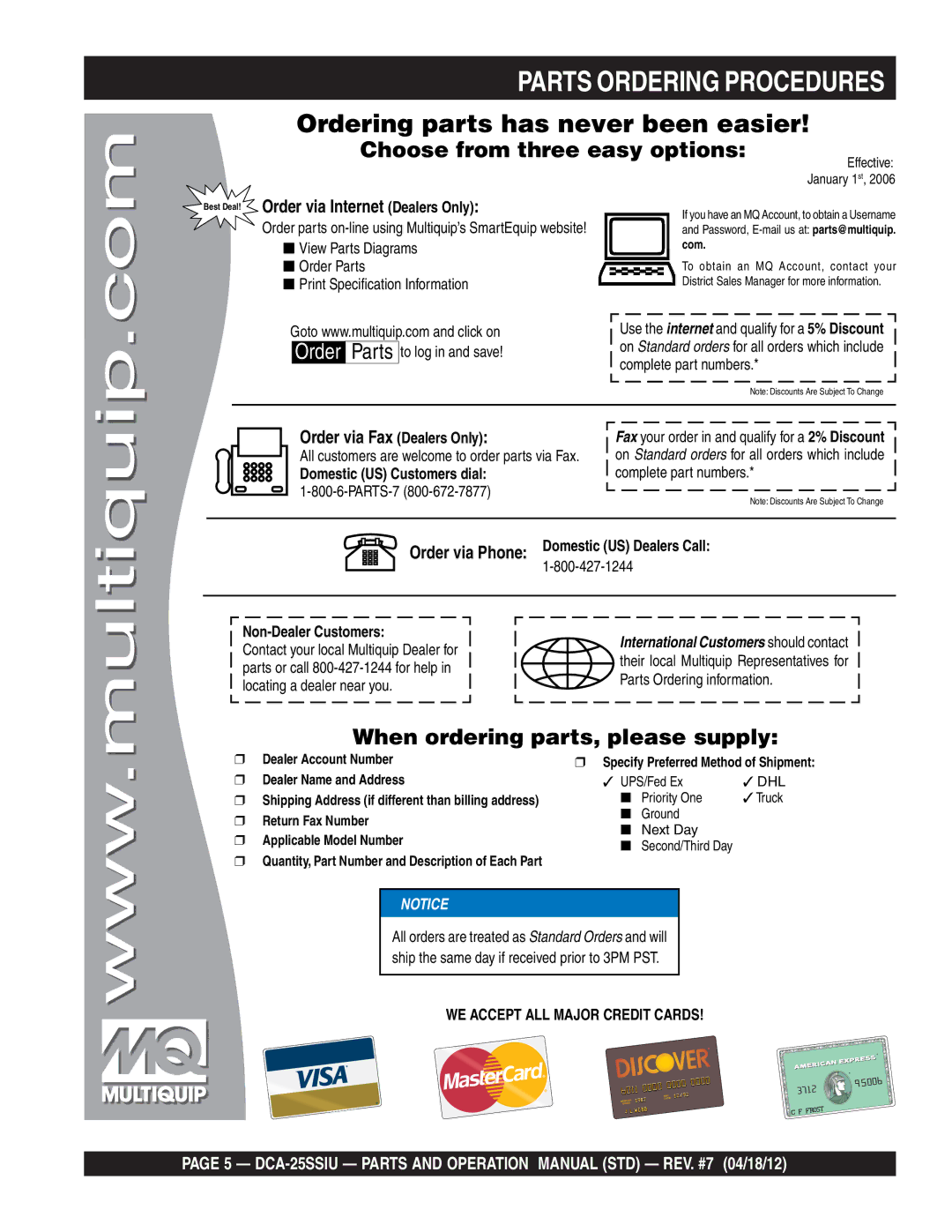 Multiquip DCA25SSIU manual Parts Ordering Procedures, Ordering parts has never been easier 