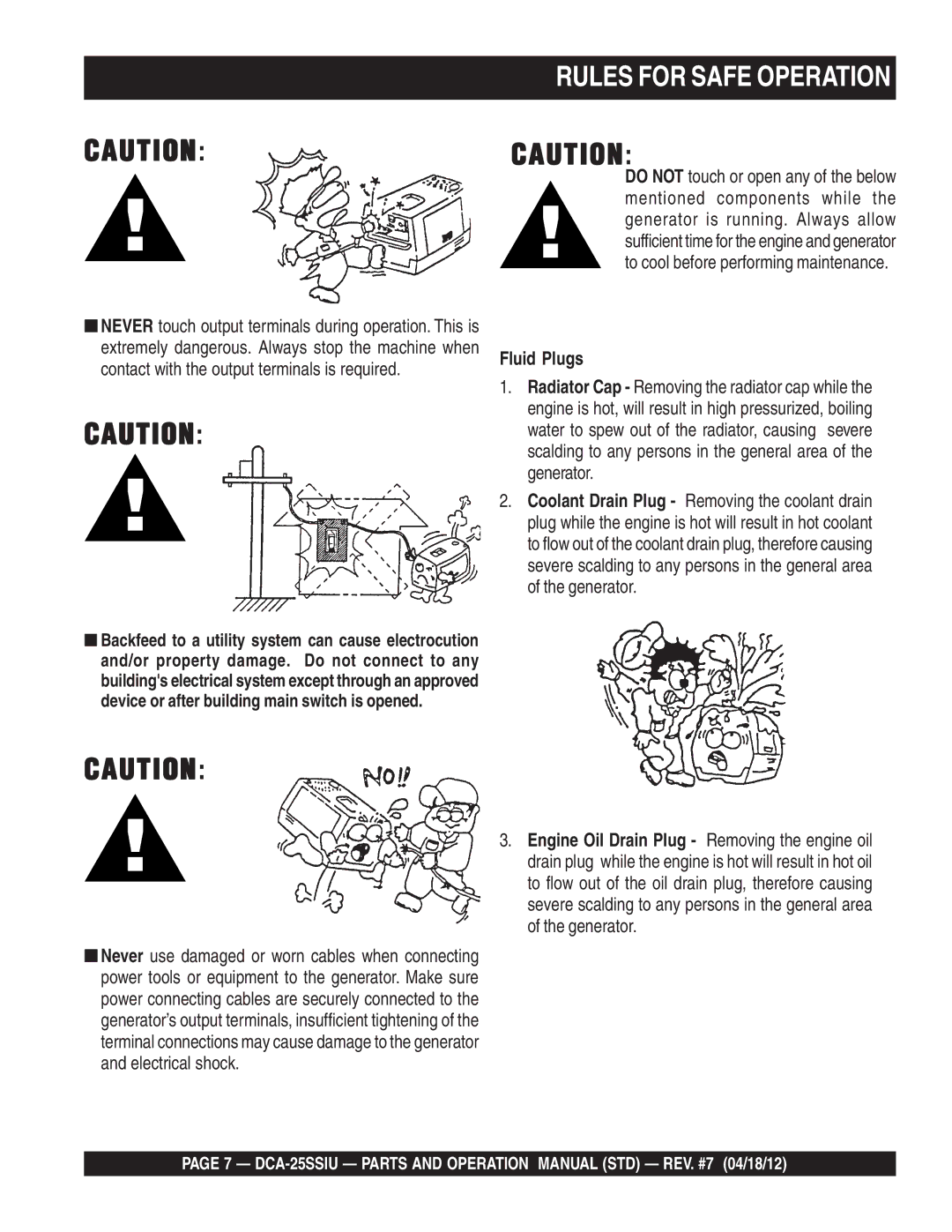 Multiquip DCA25SSIU manual Rules for Safe Operation, Fluid Plugs 