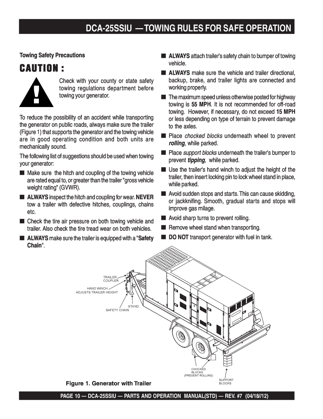 Multiquip DCA25SSIU manual DCA-25SSIU -TOWINGRULES FOR SAFE OPERATION, Towing Safety Precautions 
