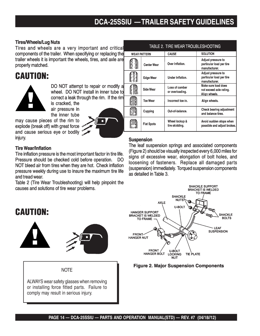 Multiquip DCA25SSIU manual DCA-25SSIU —TRAILERSAFETY GUIDELINES, Tires/Wheels/Lug Nuts, Tire Wear/Inflation, Suspension 