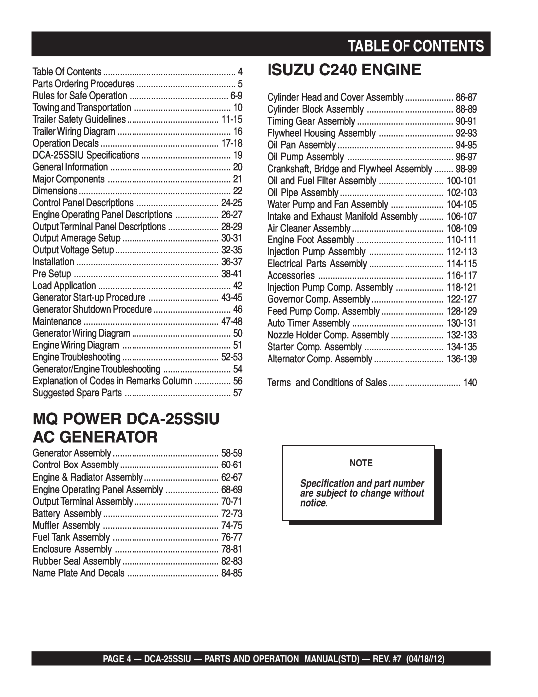 Multiquip DCA25SSIU manual Table Of Contents, ISUZU C240 ENGINE, MQ POWER DCA-25SSIUAC GENERATOR 