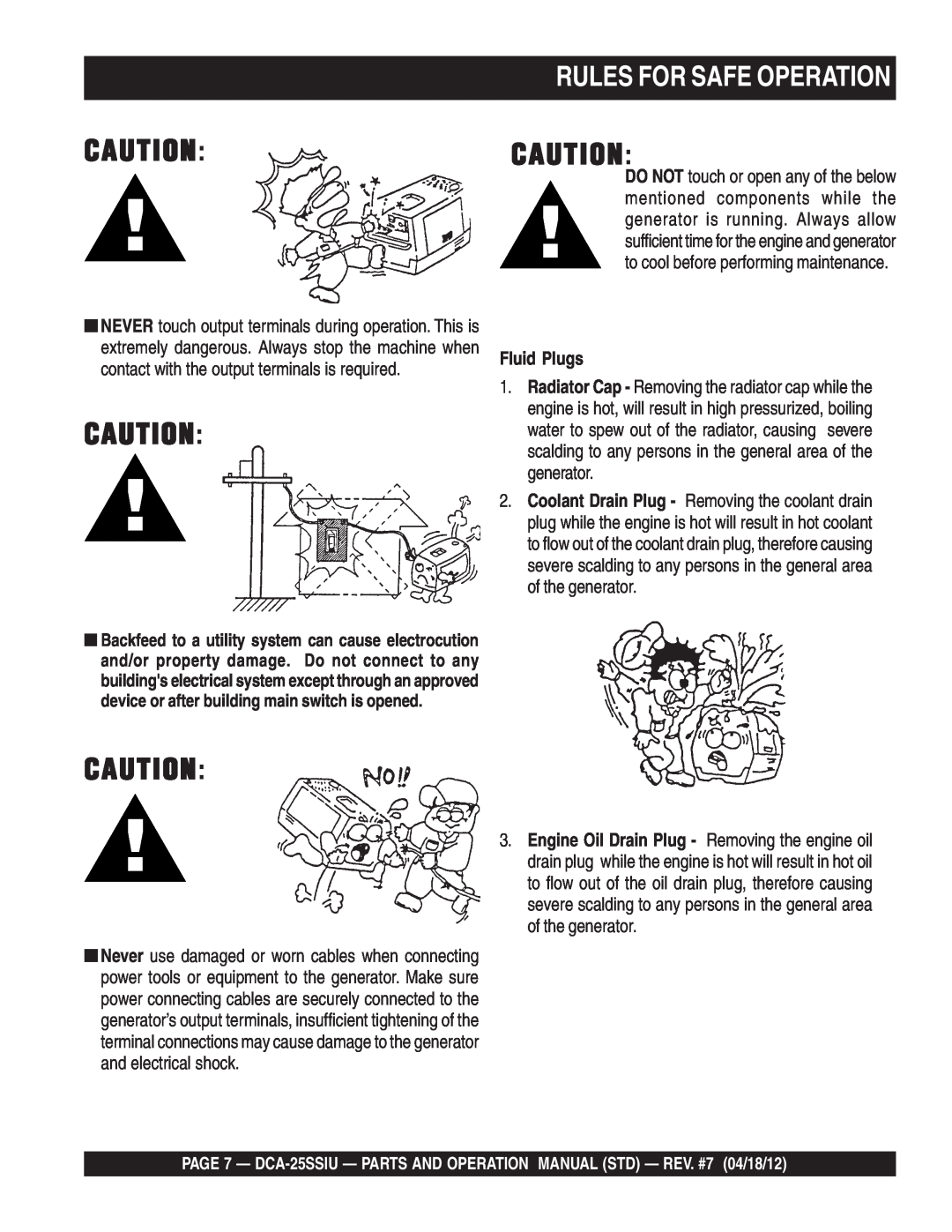Multiquip DCA25SSIU manual Rules For Safe Operation, Fluid Plugs 