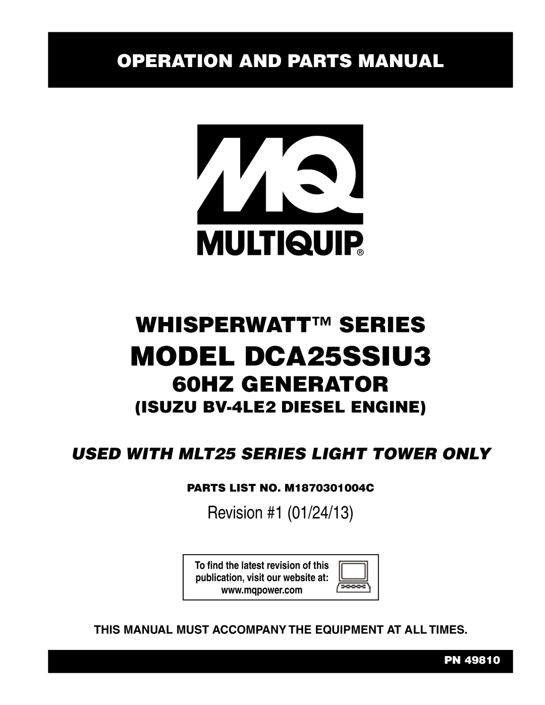 Multiquip manual Model dca25ssiu3, Parts List NO. M1870301004C 