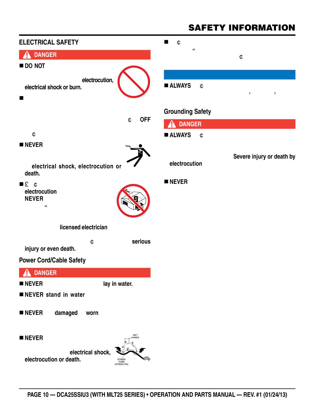 Multiquip dca25ssiu3 manual ELeCTrICaL SaFeTY, Grounding Safety, Power Cord/Cable Safety, Death 