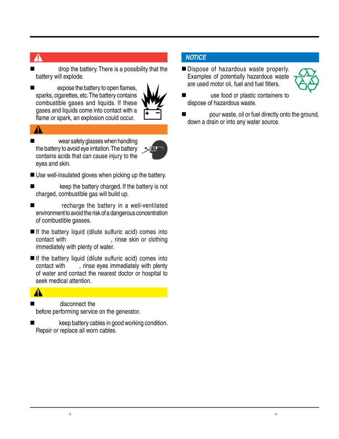 Multiquip dca25ssiu3 manual BaTTerY SaFeTY, EnvIronMenTaL SaFeTY 