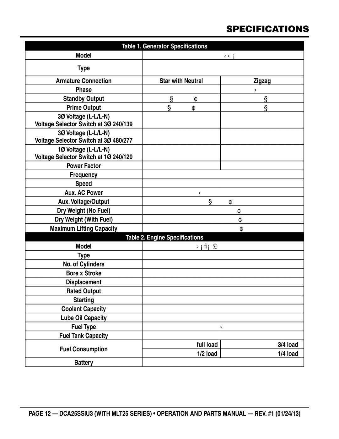 Multiquip dca25ssiu3 manual Specifications, 240/120, Model Isuzu BV 4LE2 Tier 