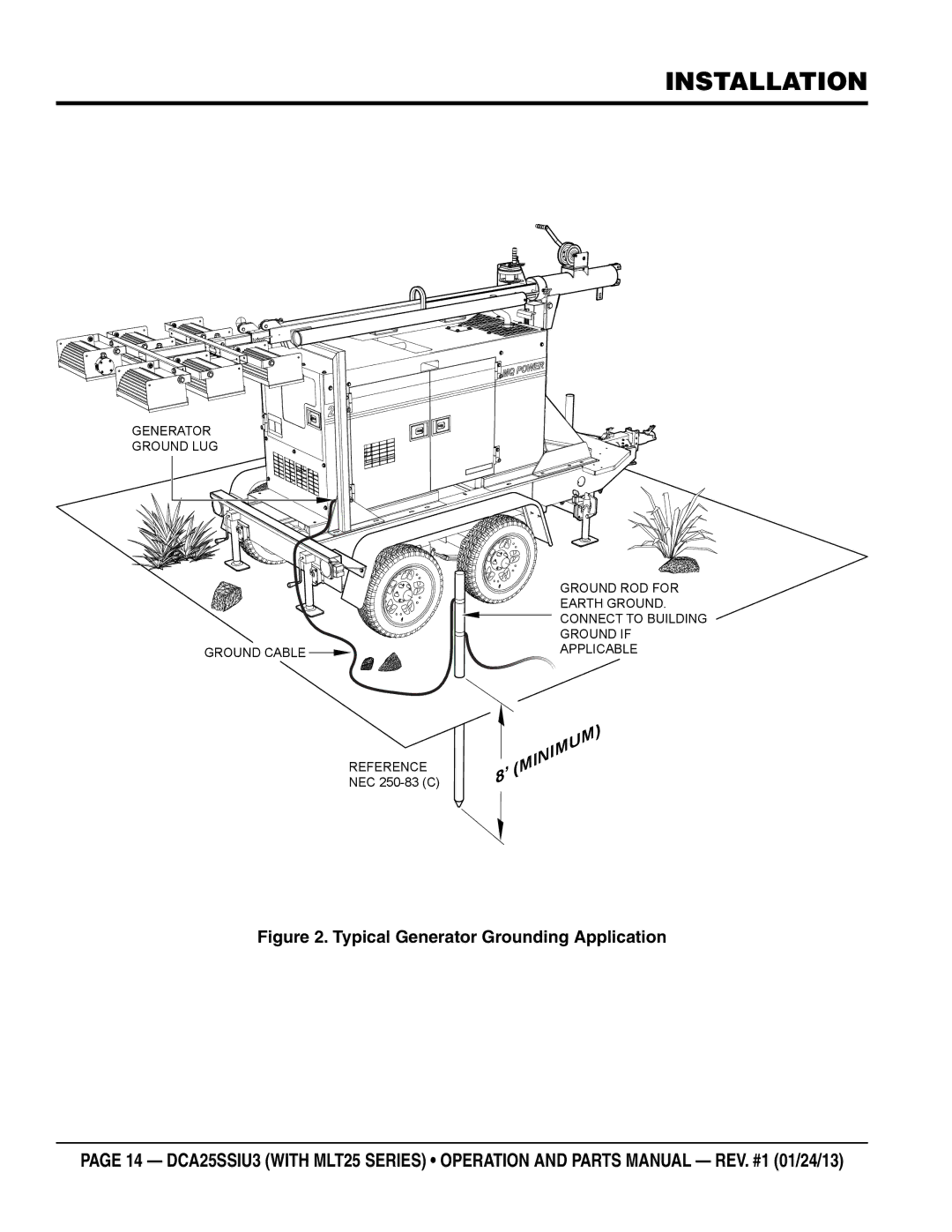 Multiquip dca25ssiu3 manual Installation, Typical Generator Grounding Application 