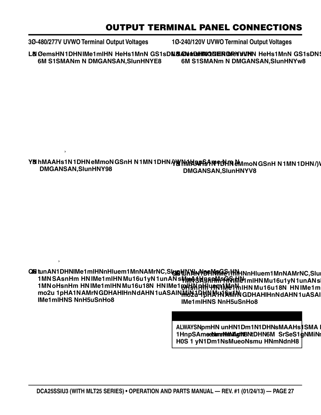 Multiquip dca25ssiu3 manual 3Ø-480/277V Uvwo Terminal Output Voltages, 1Ø-240/120V Uvwo Terminal Output Voltages 