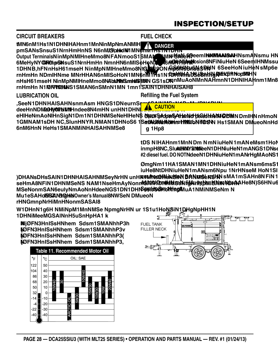 Multiquip dca25ssiu3 manual Inspection/SETUP, Circuit Breakers, Lubrication Oil, Fuel Check, Refilling the Fuel System 