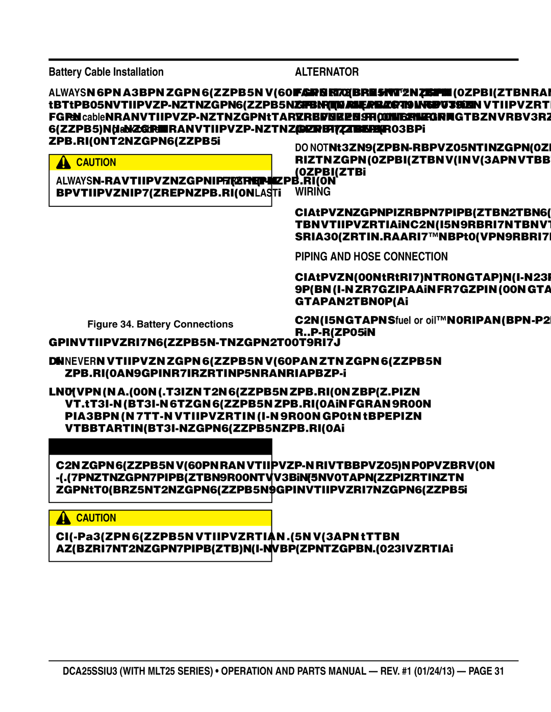 Multiquip dca25ssiu3 manual Battery Cable Installation, Alternator, Wiring, Piping and Hose Connection 