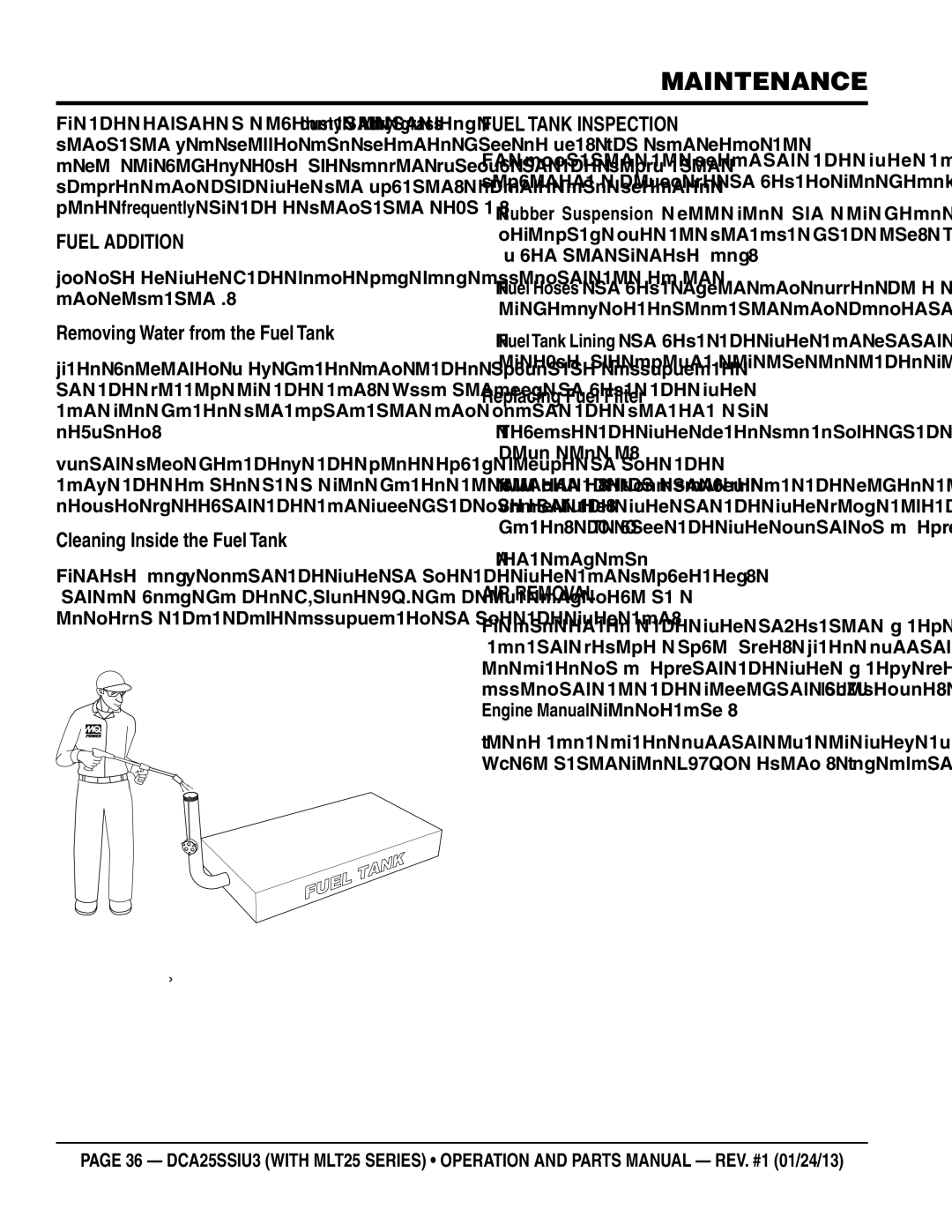 Multiquip dca25ssiu3 Fuel Addition, Removing Water from the Fuel Tank, Cleaning Inside the Fuel Tank, Fuel Tank Inspection 