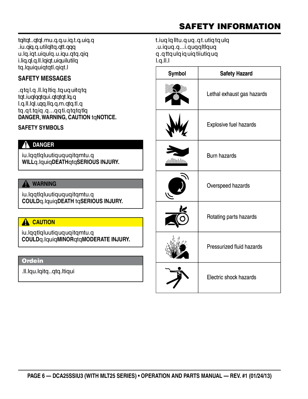 Multiquip dca25ssiu3 manual Safety Information, SaFeTY MeSSageS, SaFeTY SYMBoLS 