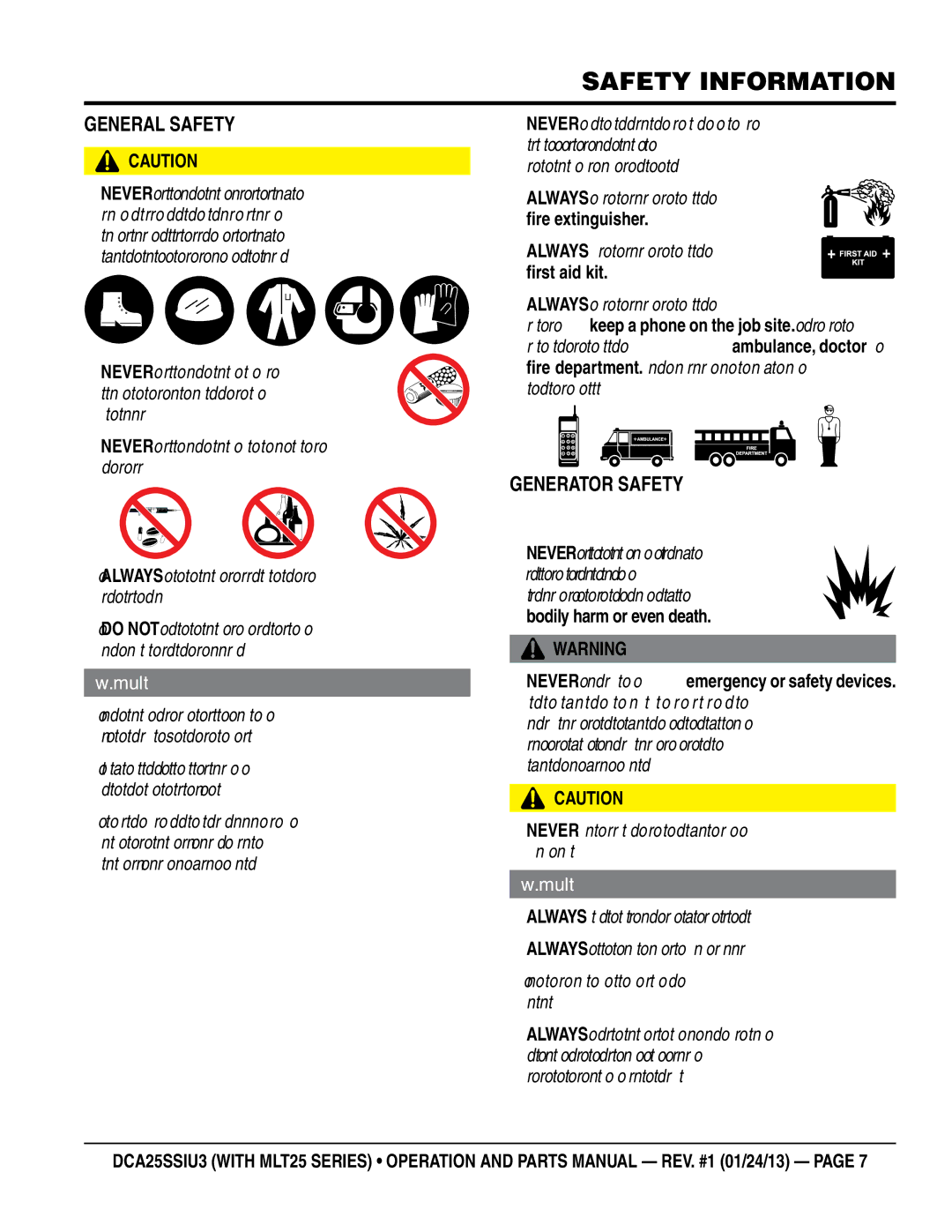 Multiquip dca25ssiu3 manual GeneraL SaFeTY, GeneraTor SaFeTY 