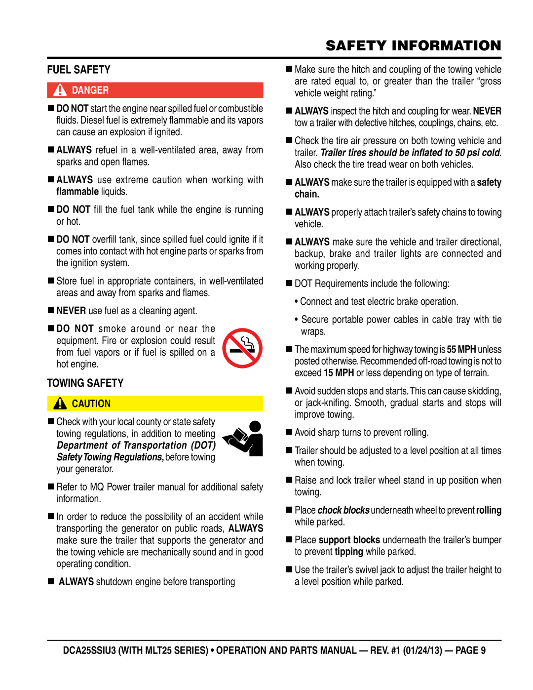 Multiquip dca25ssiu3 manual FUeL SaFeTY, TowIng SaFeTY, „ never use fuel as a cleaning agent 