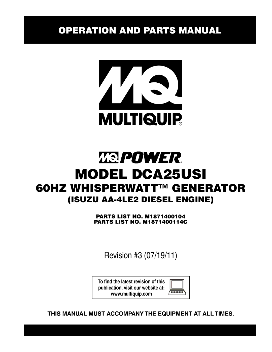 Multiquip DCA25USI manual Model dca25USI, Parts List NO. M1871400104 parts list no. m1871400114c 